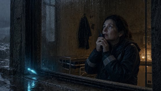 A paramedic at a rain-streaked clinic window with a handheld radio at her mouth
