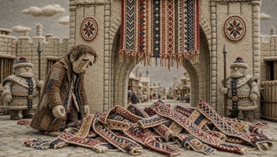 A felt archway with one hanging banner, the forger slumped beside a pile of wrong copies