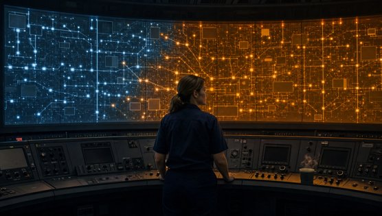 A grid control room, the operator before a wall-sized city map, half amber and half blue