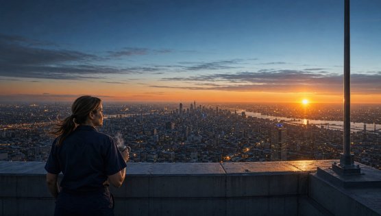 The operator on a rooftop at dawn holding a coffee cup, the city skyline intact, the sun rising